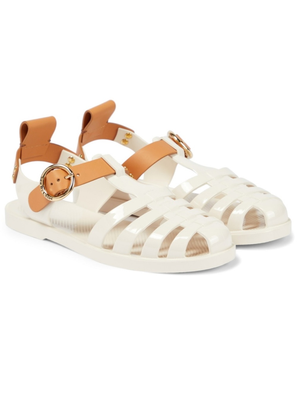 See By Chloe White Jelly Sandals with Tan Straps and Gold Buckle